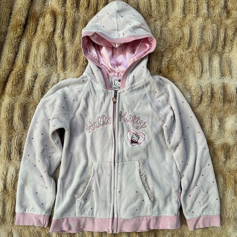 Hello Kitty Sanrio Girls 6X Velour Zip Hoodie Pink Rhinestone Y2K Jacket White